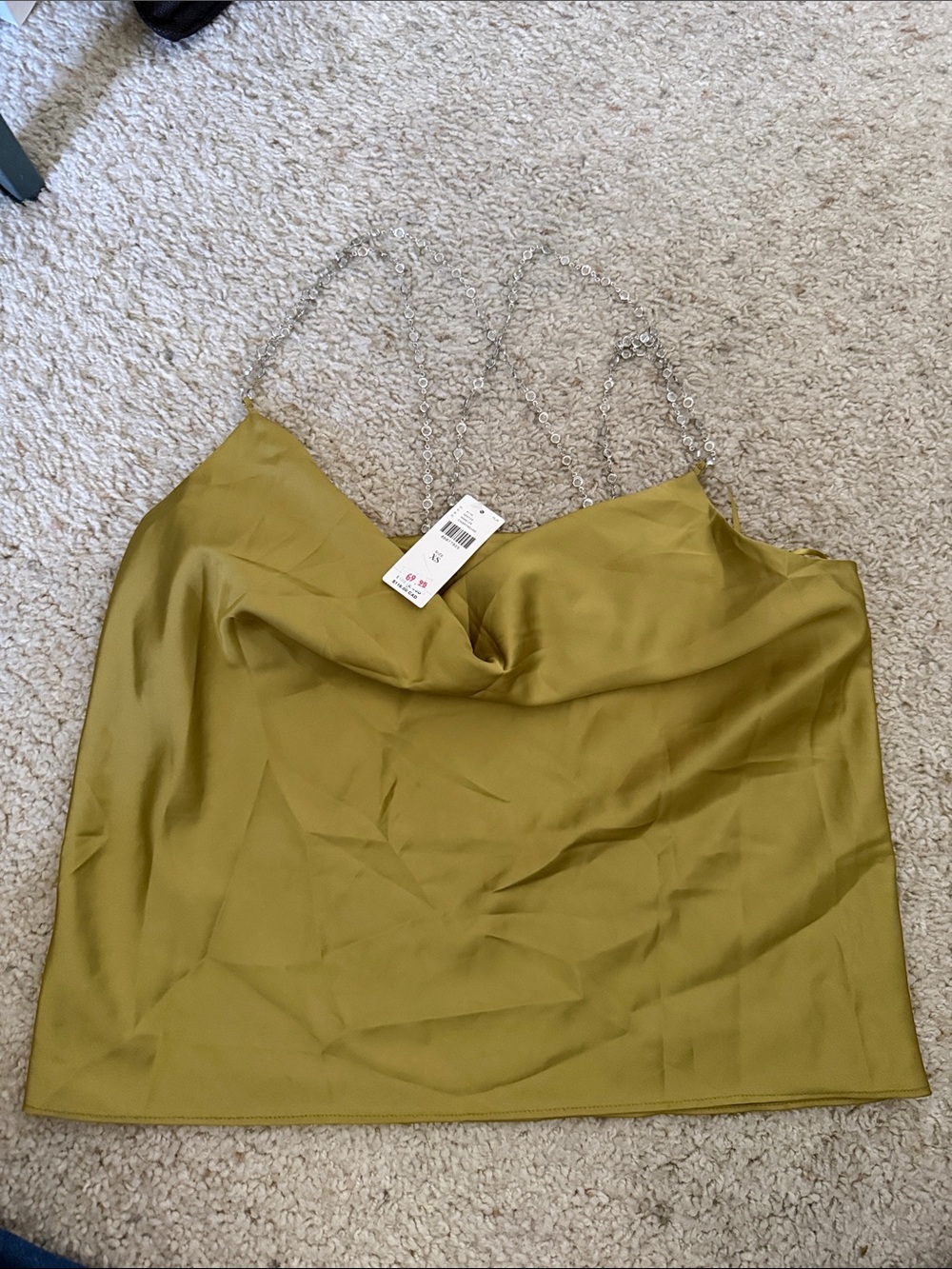 Anthropologie Olive Satin Cowl Neck Camisole with Silver Chain Straps